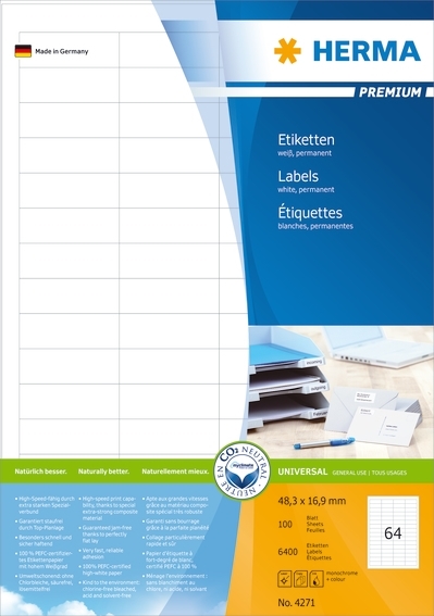 HERMA етикет Premium A4 100 48,3 x 16,9 мм, 6400 бр.