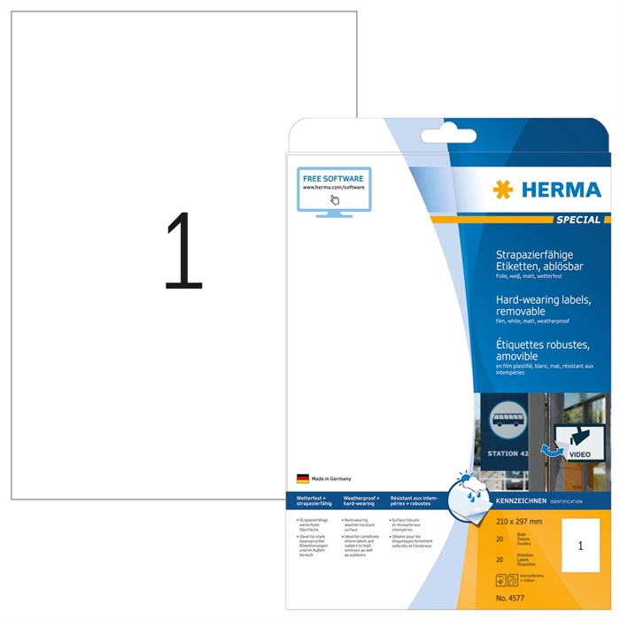 HERMA етикет за премахване, водоустойчив, 210 x 297 мм, 20 бр.