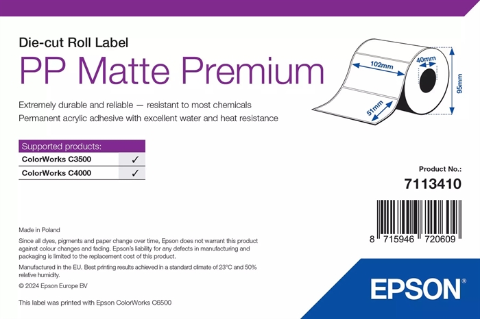 Epson PP Матови Етикети Премиум, Перфорирани етикети, 102 x 51mm ( 535 Етикета )