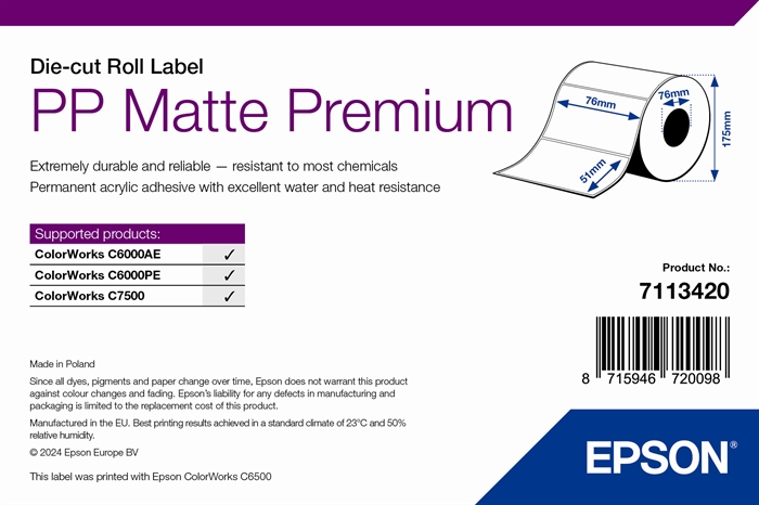 Epson PP Matte Label Premium, щанцована ролка,76mm x 51mm, 2310 етикета