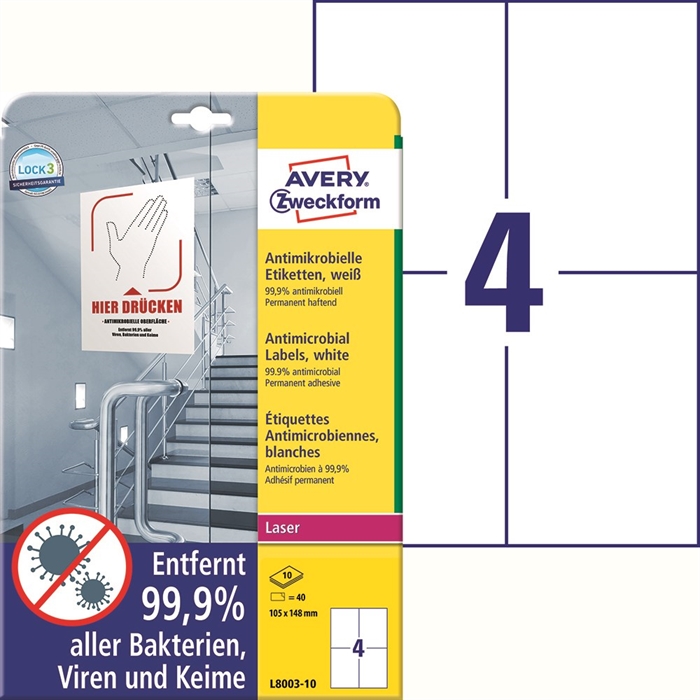 Avery Антимикробни етикети 105 x 148 мм бели, 40 бр.