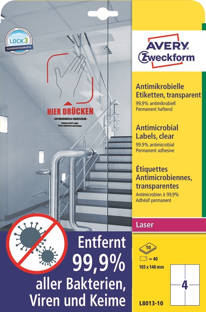 Avery Антимикробни етикети 105 x 148 прозрачни mm, 40 бр.