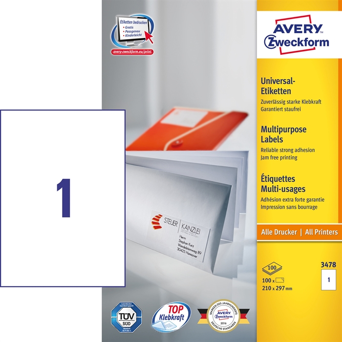 Avery ILC универсални етикети 210 x 297 мм, 100 бр.