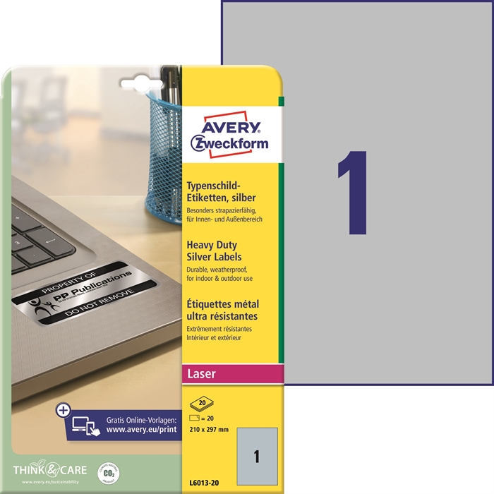 Avery Laserlabel полиестер сребрист 210 x 297 мм, 20 бр.