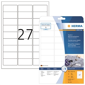 HERMA етикети за имена/текстил, сменяеми, 63,5 x 29,6 mm, бели, 540 бр.