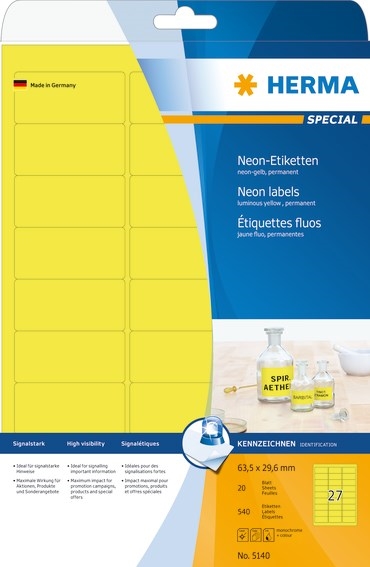 HERMA етикет Специален 63,5 x 29,6 неон жълти мм, 540 бр.