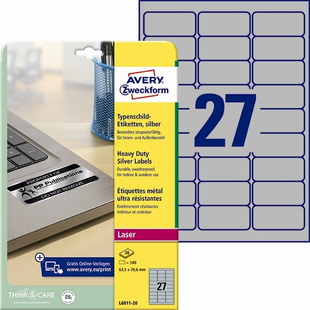 Avery Heavy duty етикети сребристи 63,5 x 29,6 мм, 20 бр.